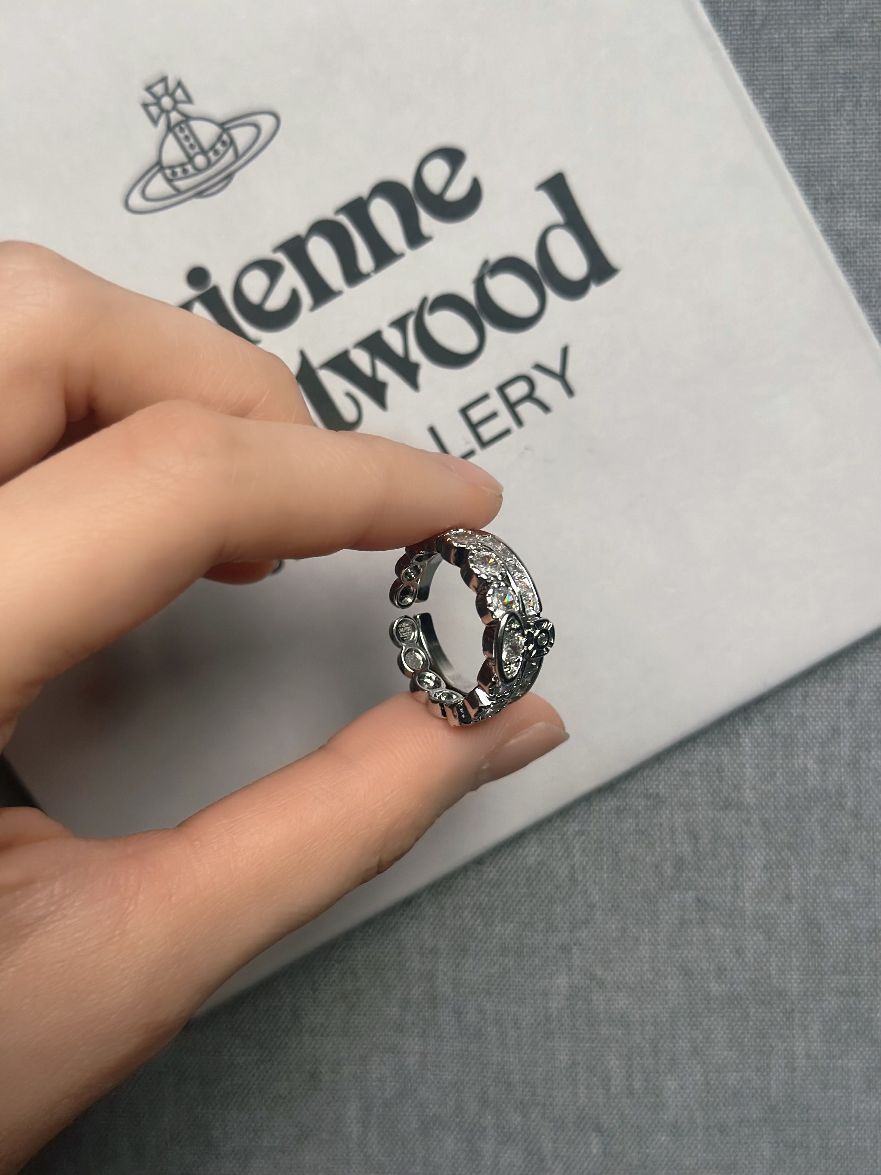 Vivienne Westwood Grace Bas Relief Ring – Silver Crystal Orb Ring | Designer-Inspired Adjustable Band | Elegant Y2K Jewelry Gift for Her