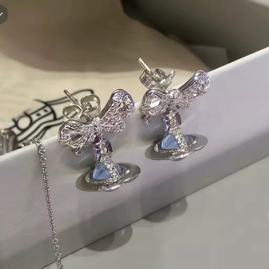 VW Ribbon Orb Drop Earrings - Blue