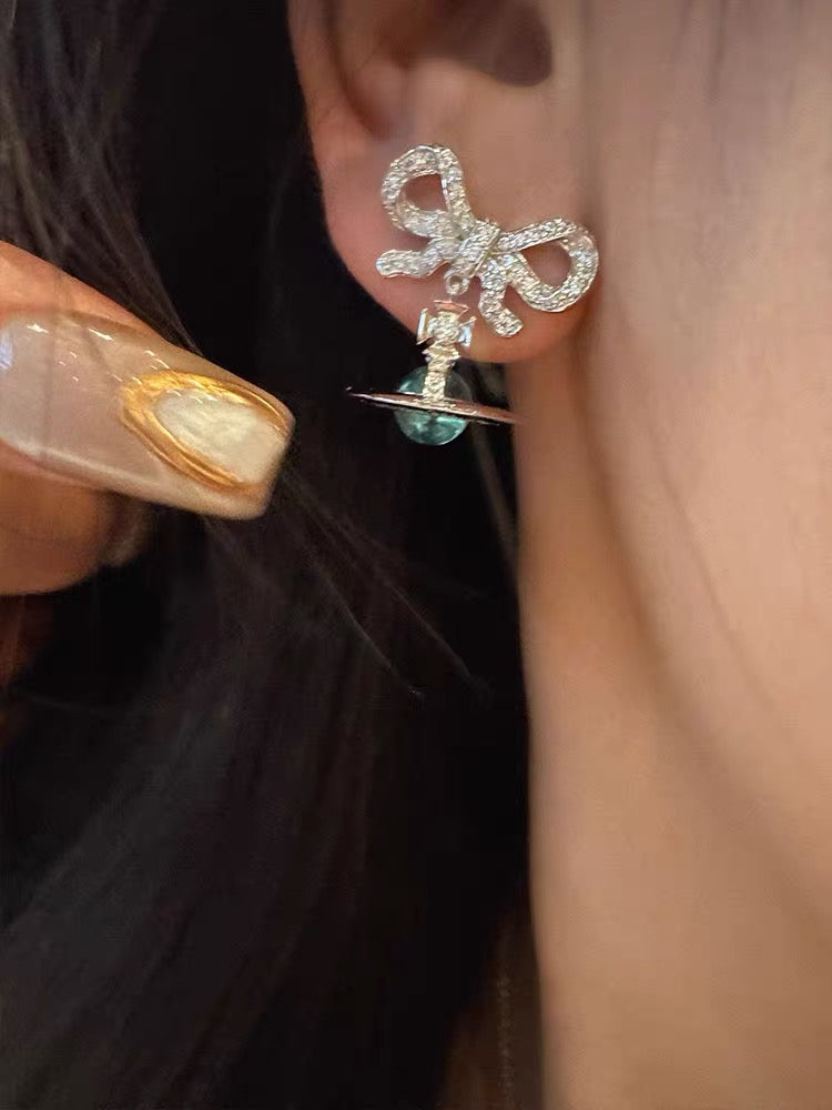 VW Ribbon Orb Drop Earrings - Blue