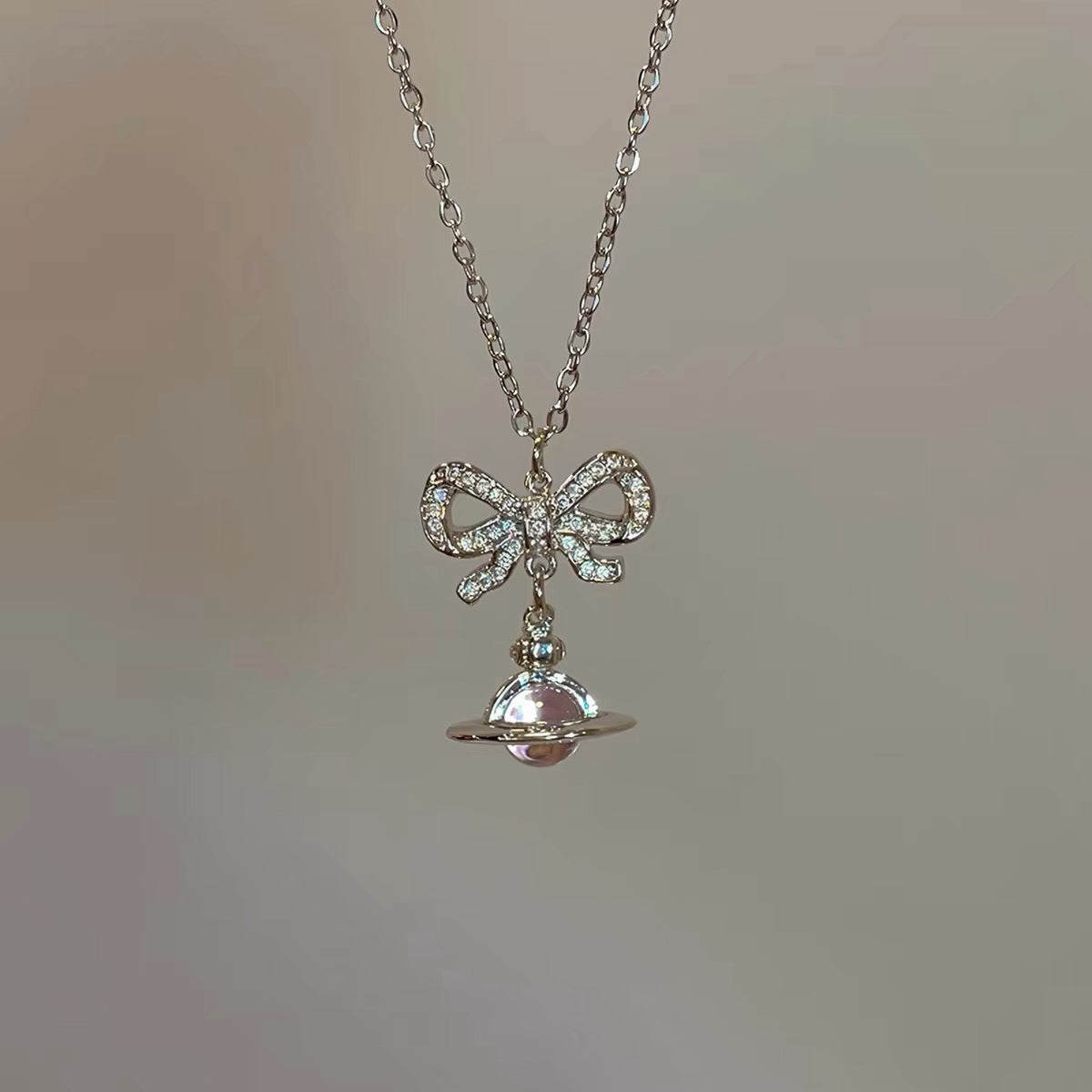 VW Ribbon Orb Pendant Necklace - Pink