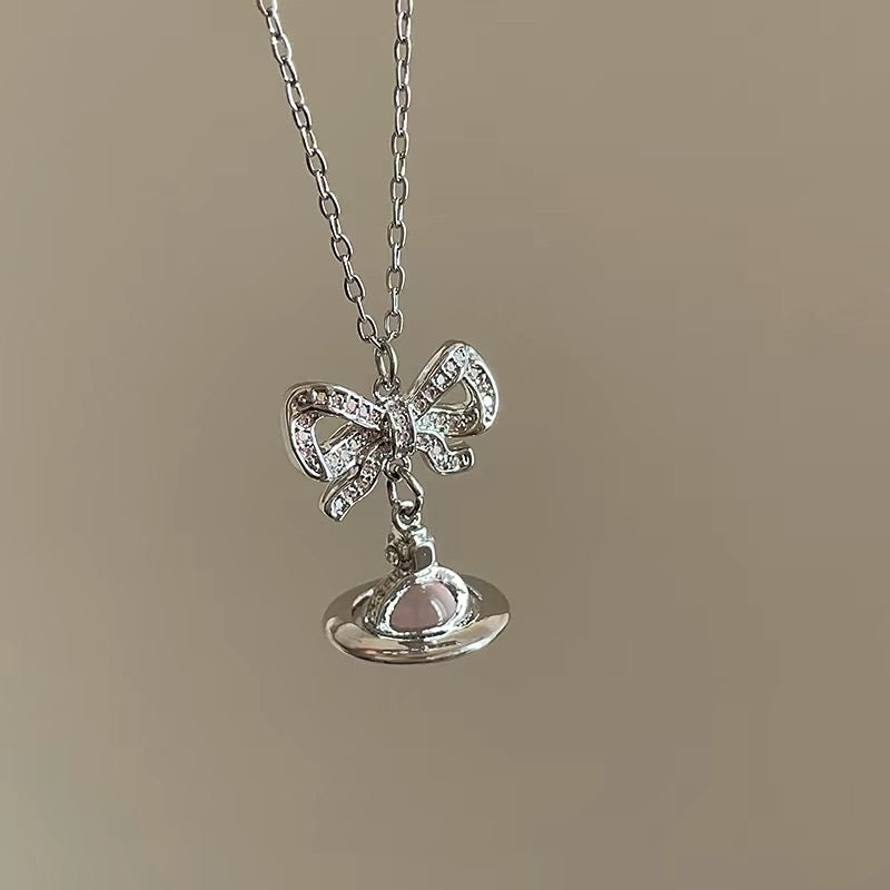 VW Ribbon Orb Pendant Necklace - Pink