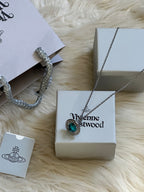 Vivienne Westwood-Inspired Mini Orb Necklace: Silver Blue-Green Pendant