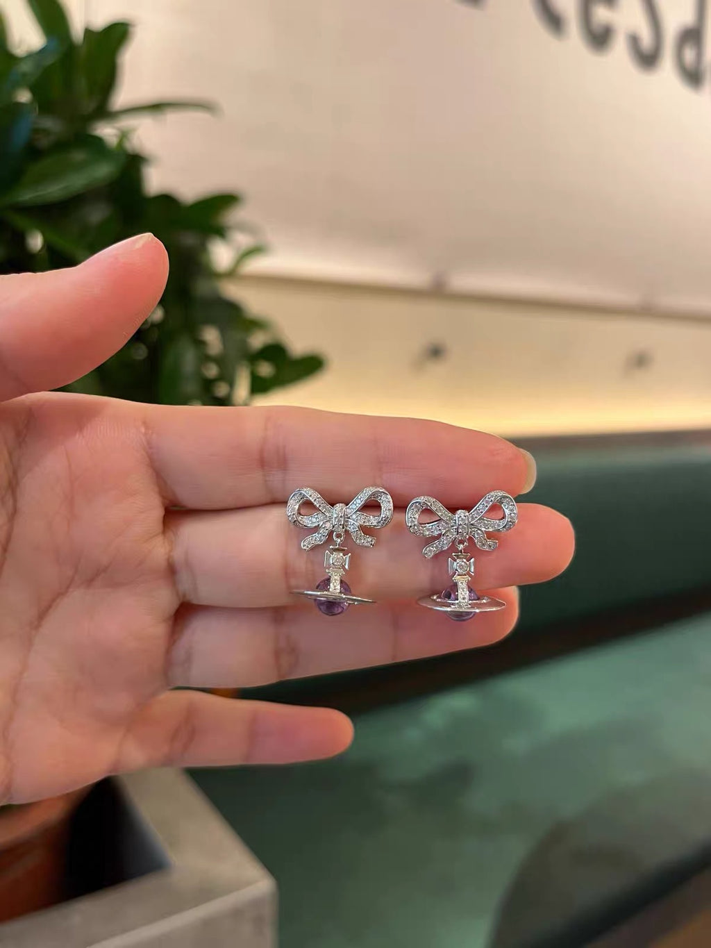 VW Ribbon Orb Drop Earrings - Purple