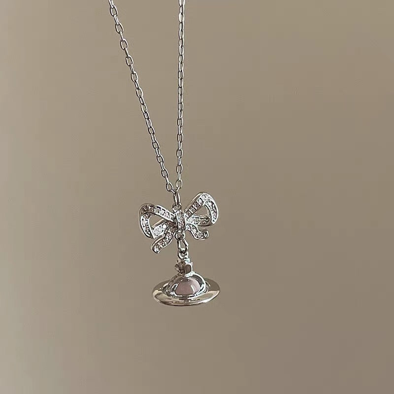 VW Ribbon Orb Pendant Necklace - Pink