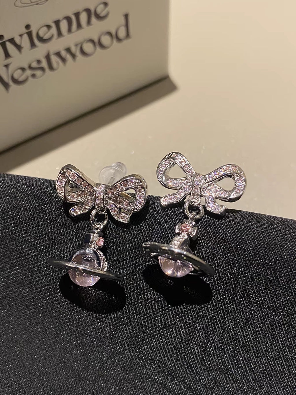 VW Ribbon Orb Drop Earrings - Pink