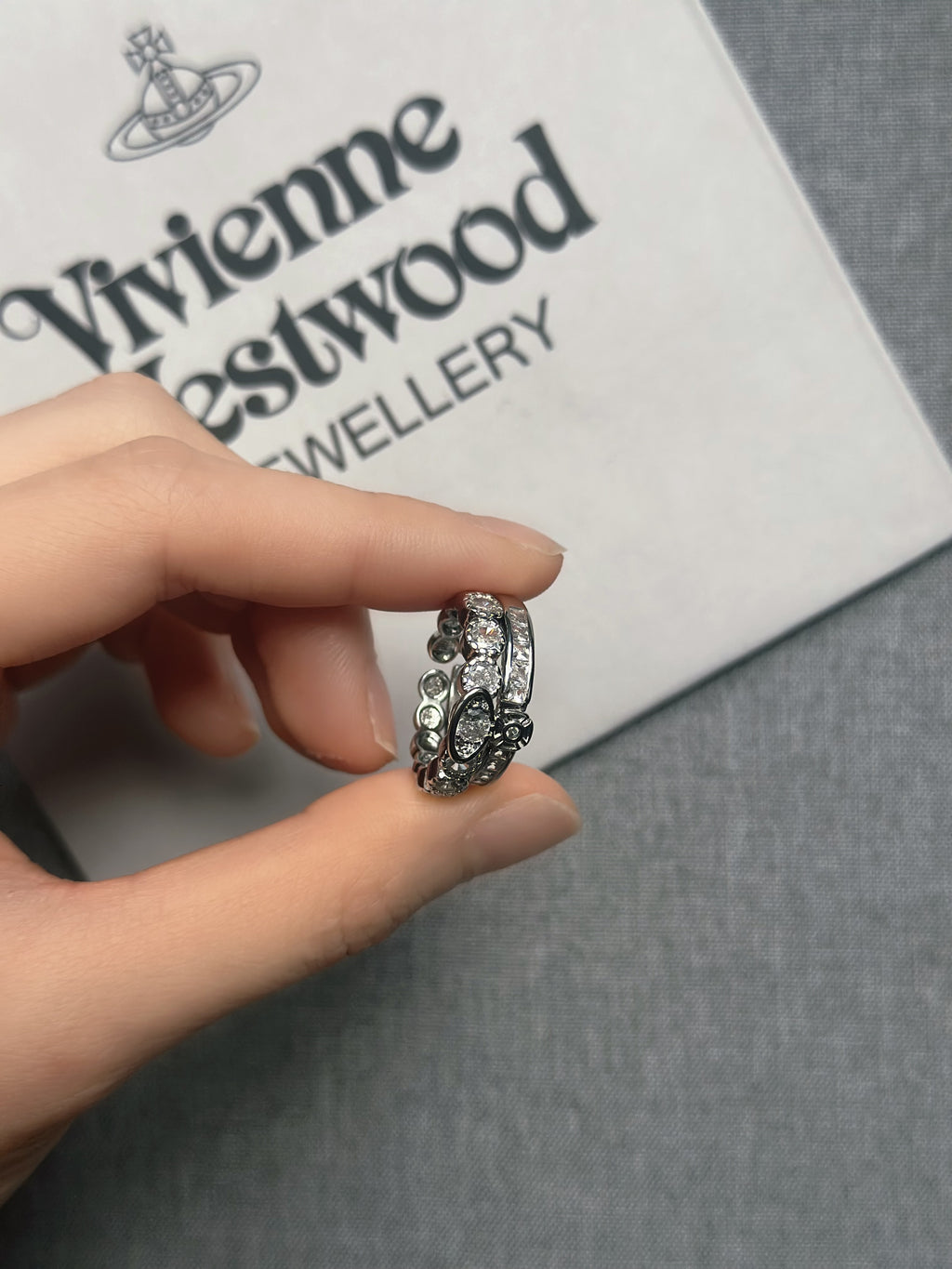 Vivienne Westwood Grace Bas Relief Ring – Silver Crystal Orb Ring | Designer-Inspired Adjustable Band | Elegant Y2K Jewelry Gift for Her