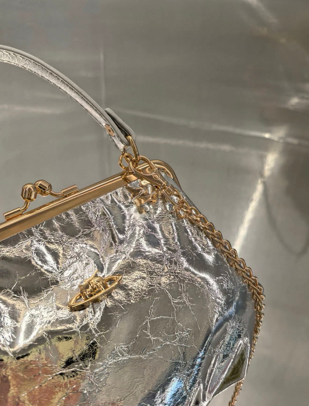 VW Granny Frame Purse - Silver (Gold Handle)