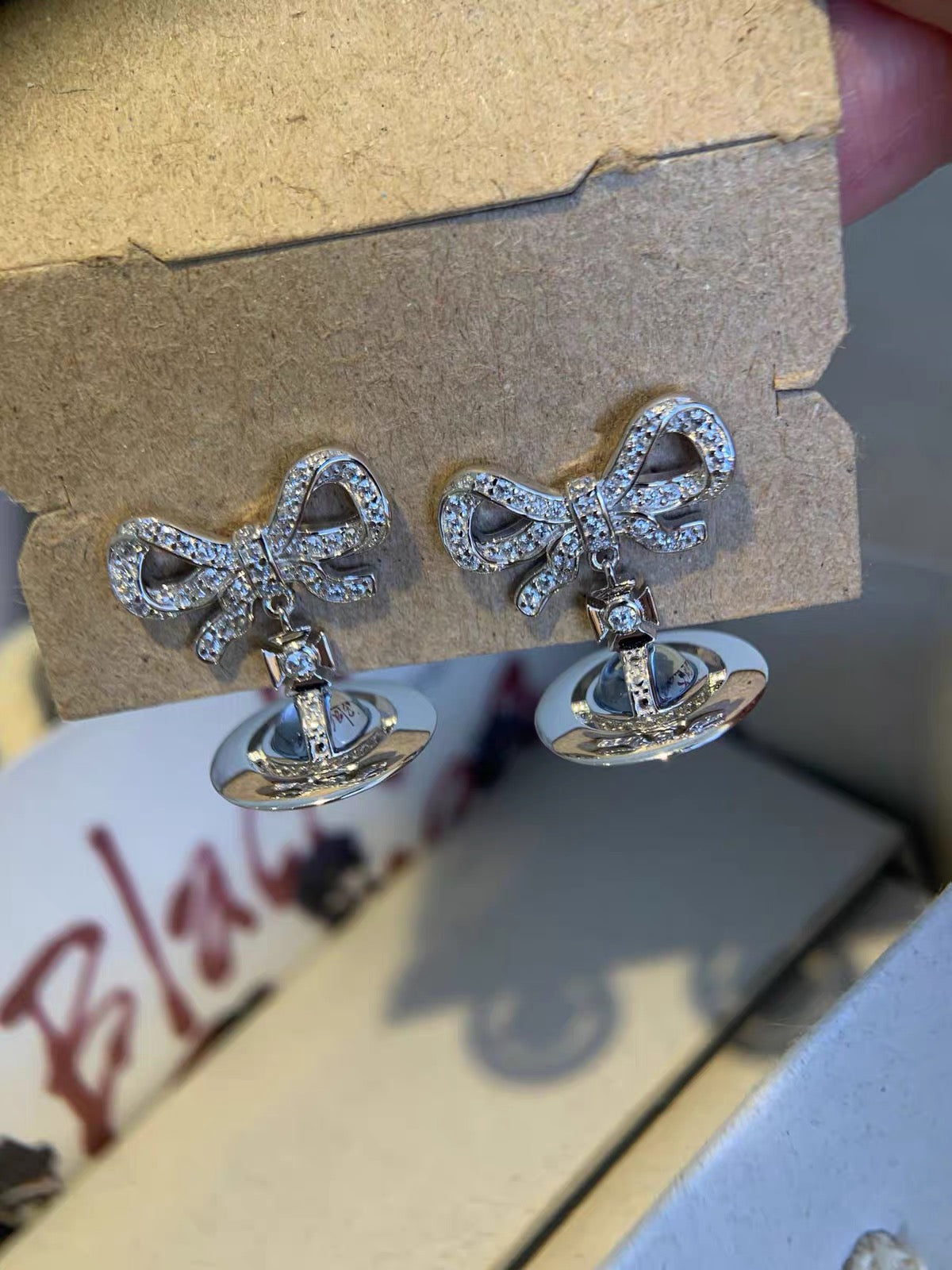 VW Ribbon Orb Drop Earrings - Blue