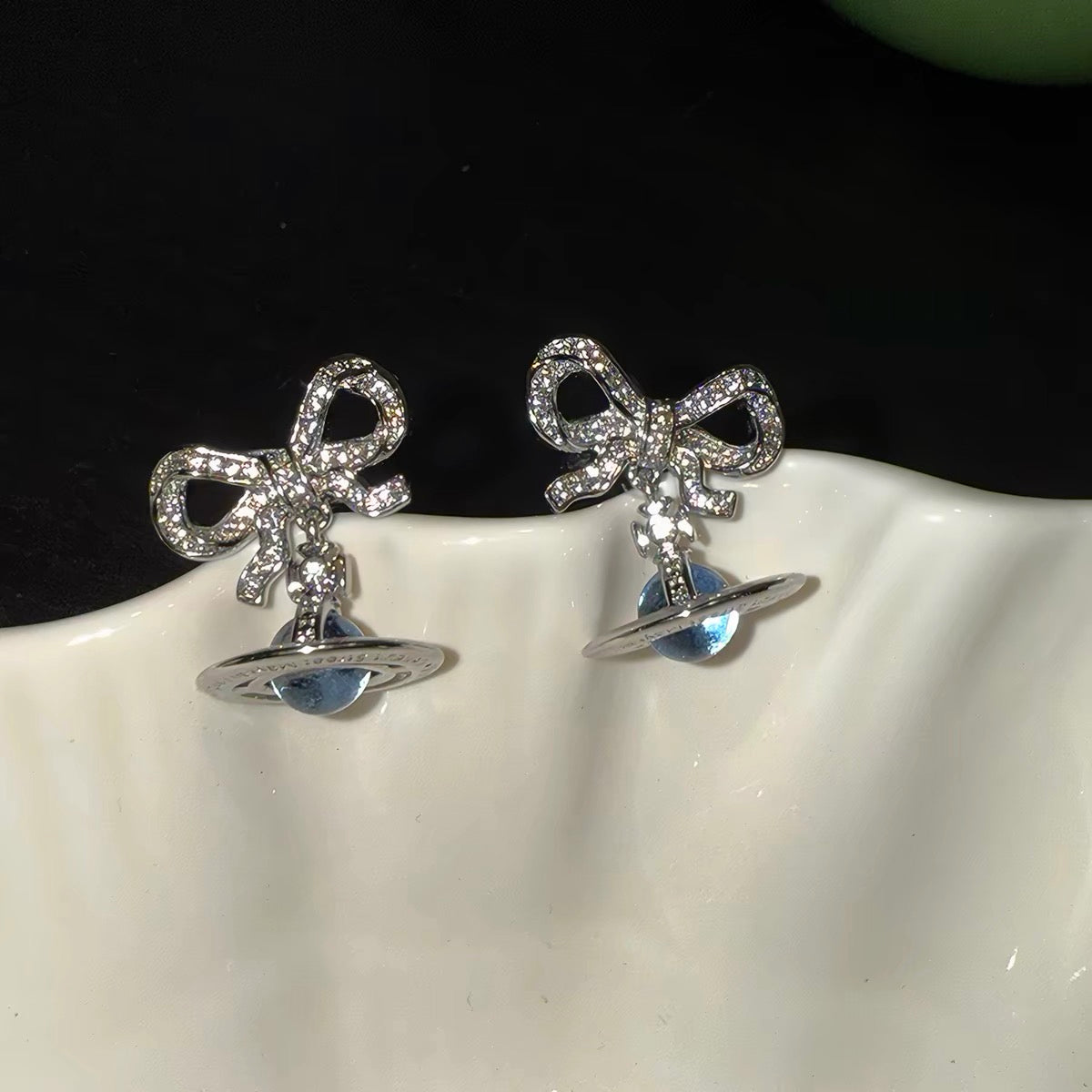 VW Ribbon Orb Drop Earrings - Blue