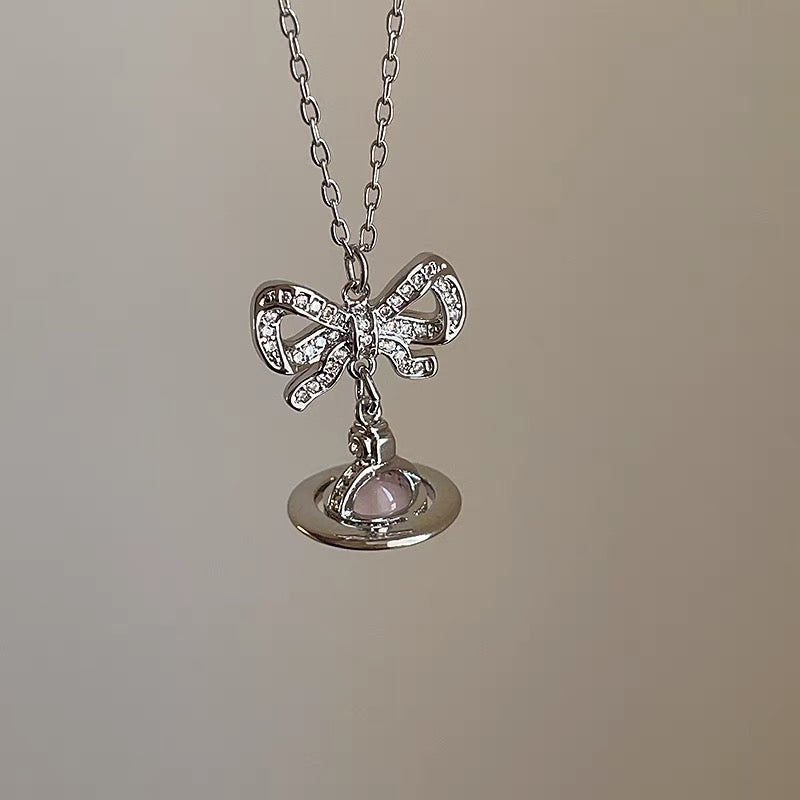 VW Ribbon Orb Pendant Necklace - Pink