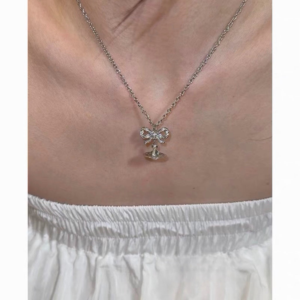VW Ribbon Orb Pendant Necklace - Silver
