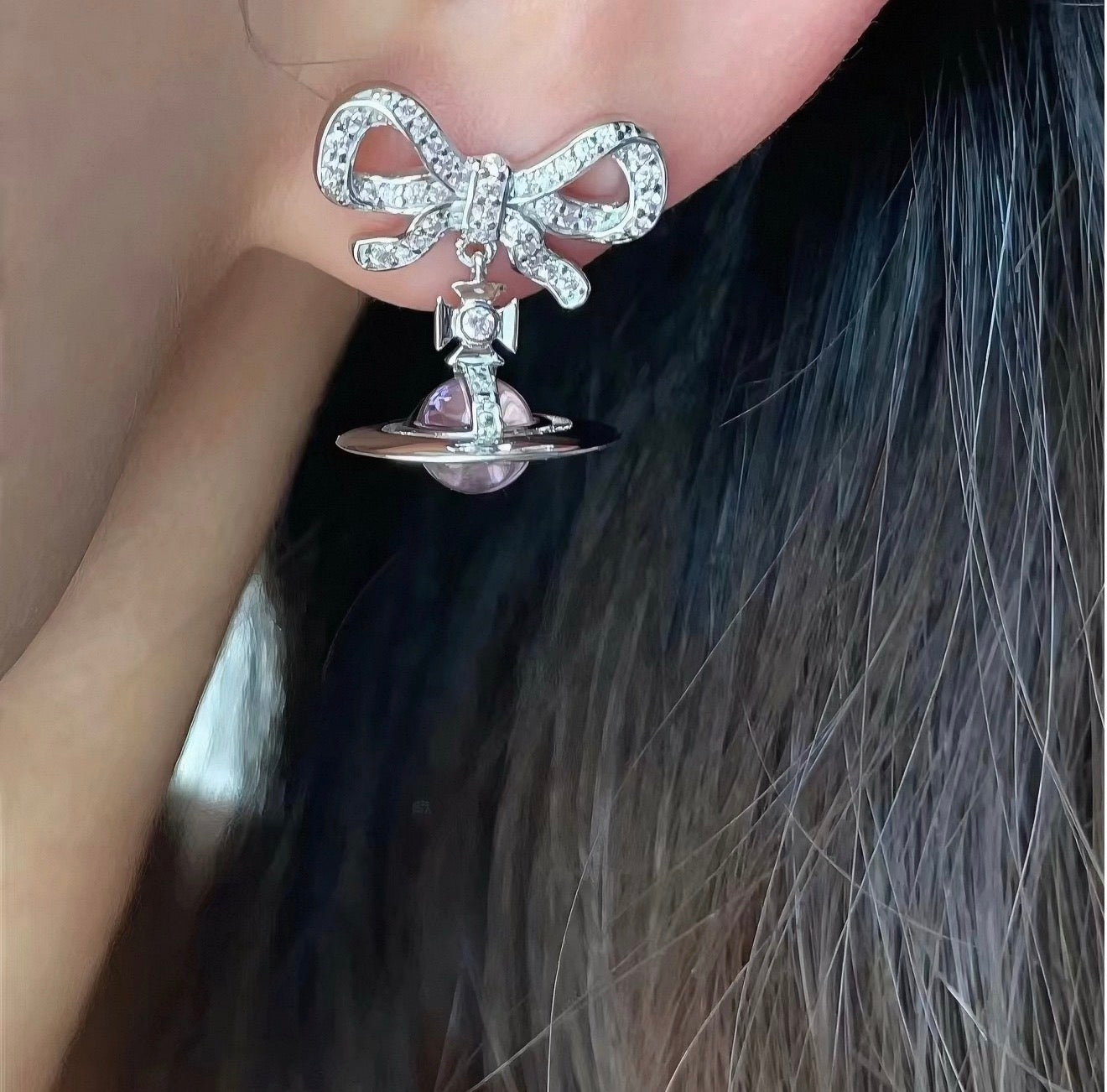 VW Ribbon Orb Drop Earrings - Pink