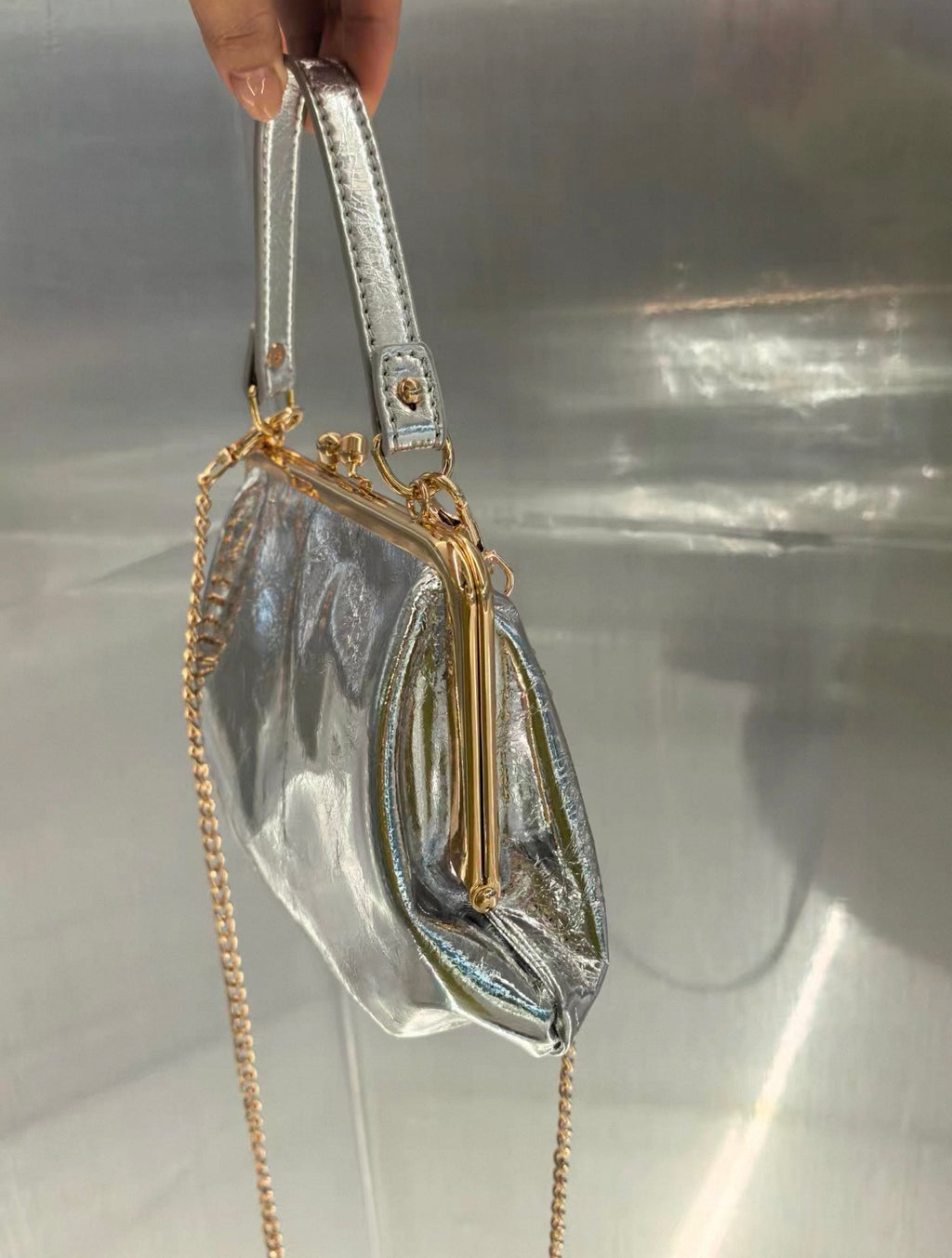 VW Granny Frame Purse - Silver (Gold Handle)