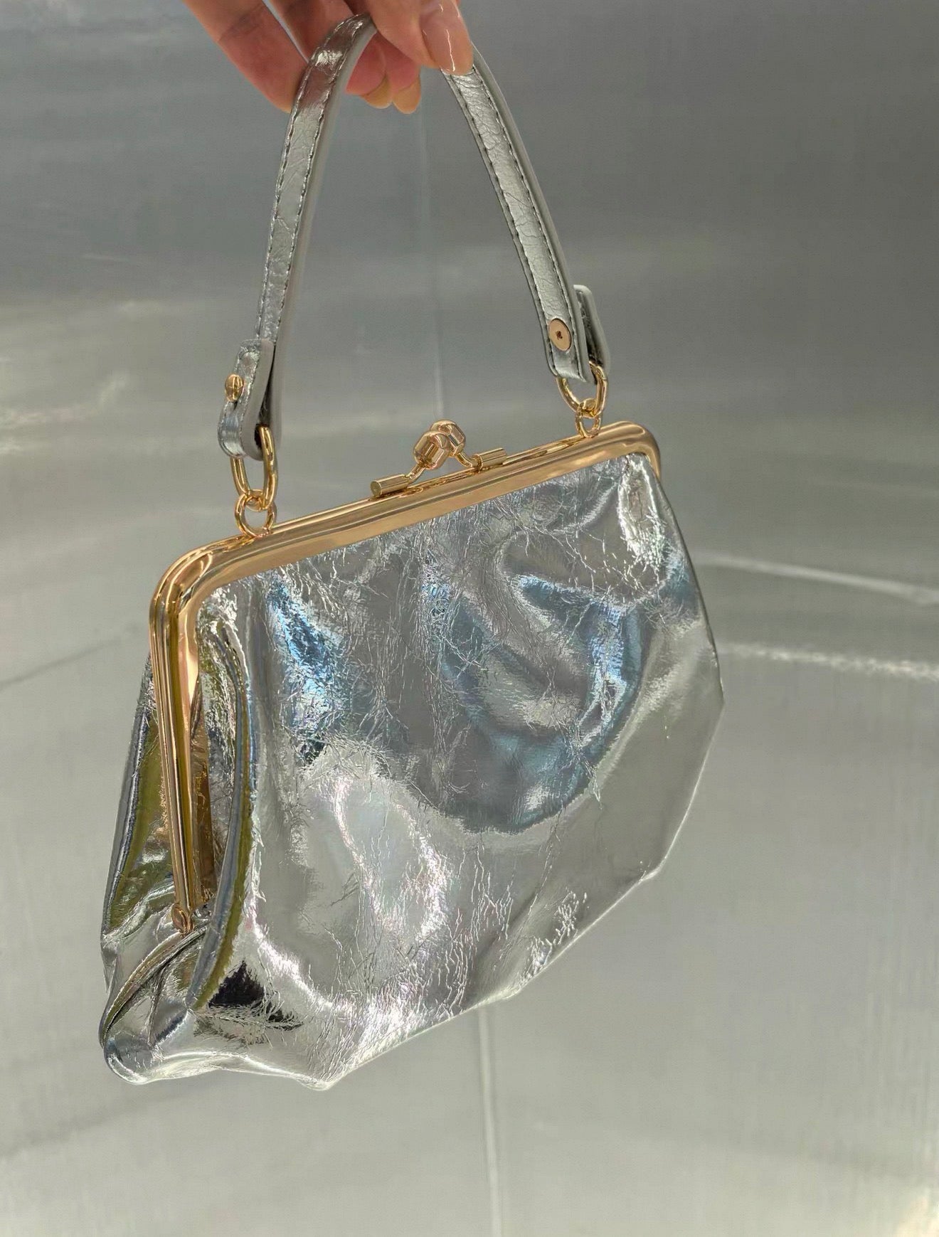 VW Granny Frame Purse - Silver (Gold Handle)
