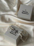 VW Two Row Pearl Bas Relief Choker - Silver