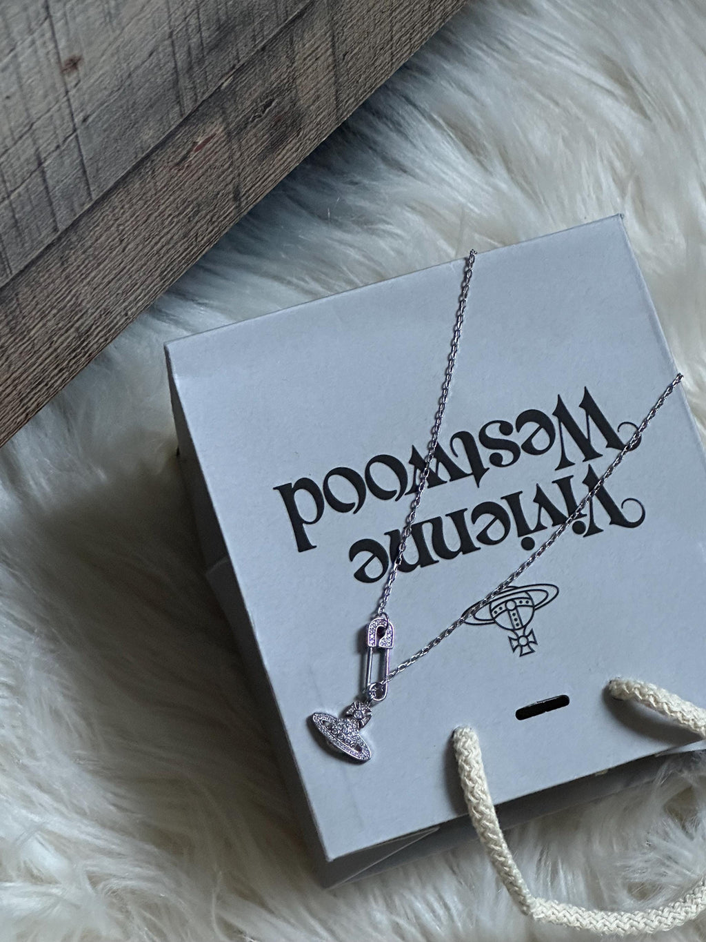 Vivienne Westwood Safety Pin Orb Necklace – Silver-Tone Crystal Pendant with Gift Box & Pouch