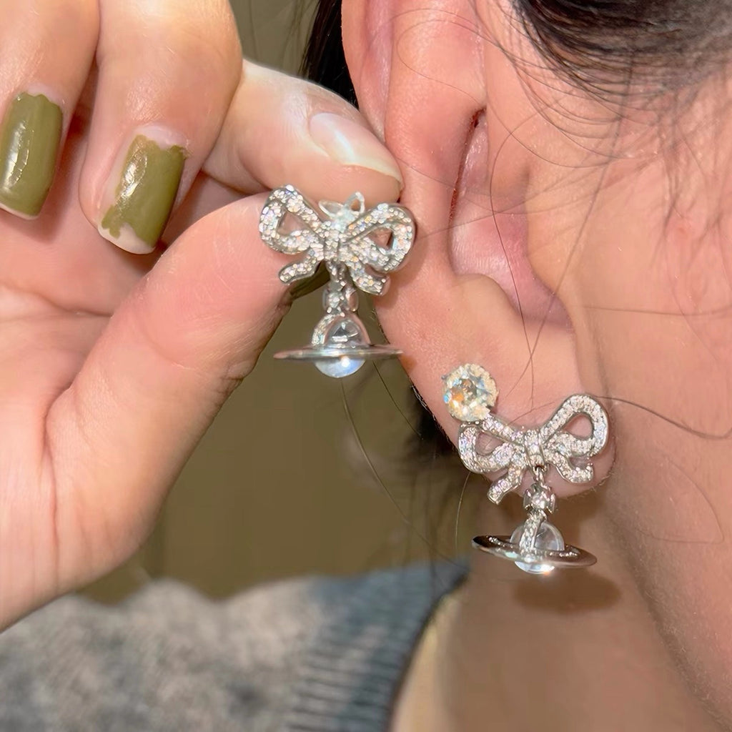VW Ribbon Orb Drop Earrings - Silver