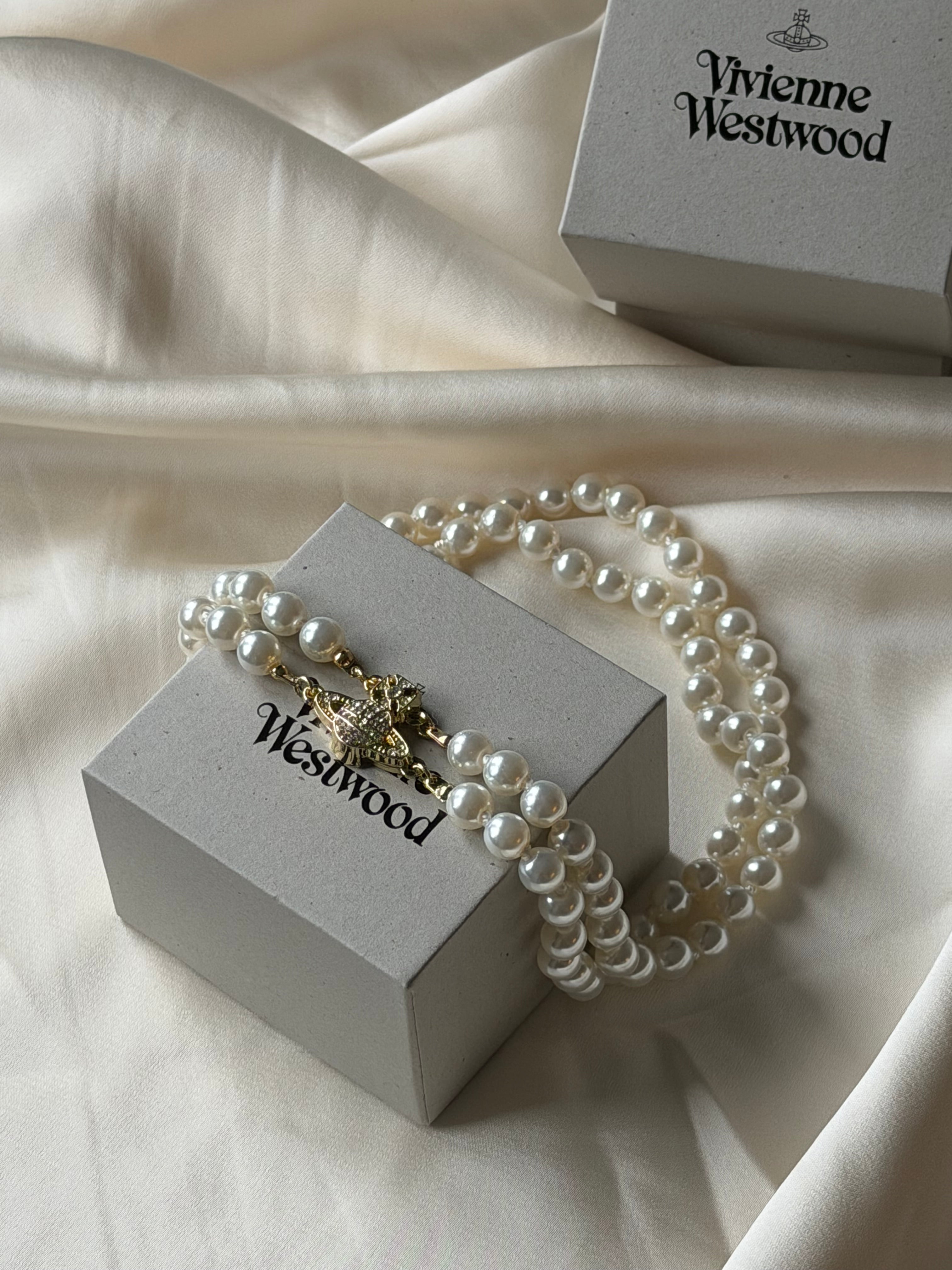 VW Two Row Pearl Bas Relief Choker - Gold