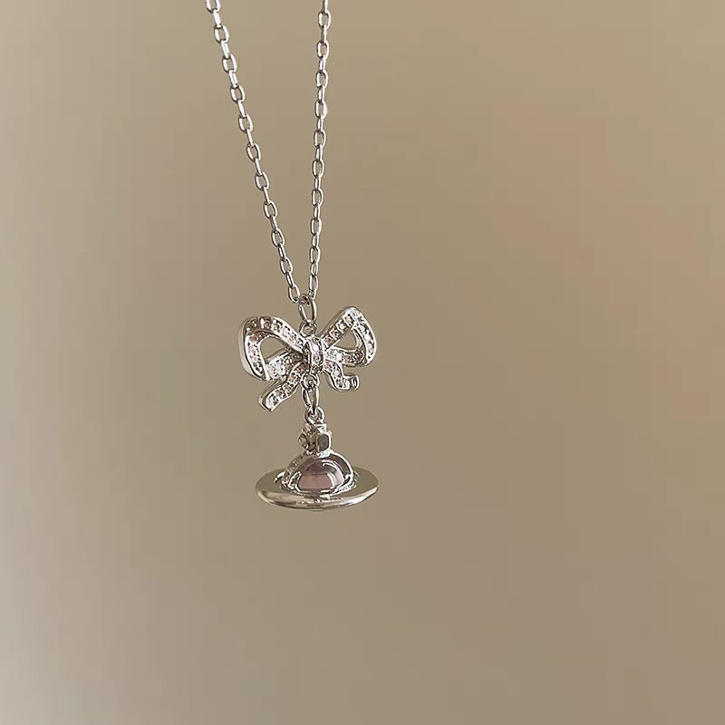 VW Ribbon Orb Pendant Necklace - Pink