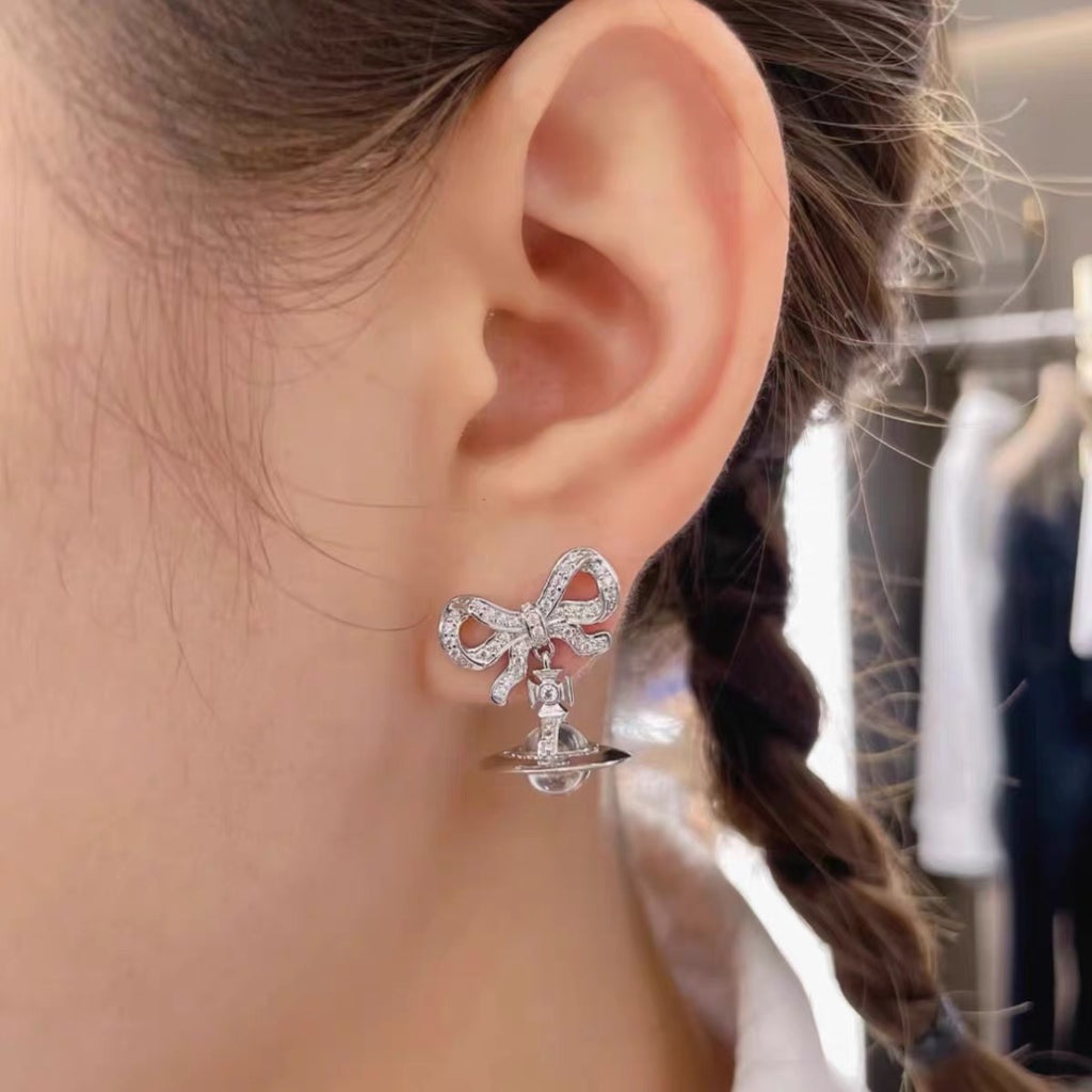 VW Ribbon Orb Drop Earrings - Silver