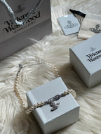 Vivienne Westwood Inspired Pearl Orb Necklace: Silver Safety Pin Choker