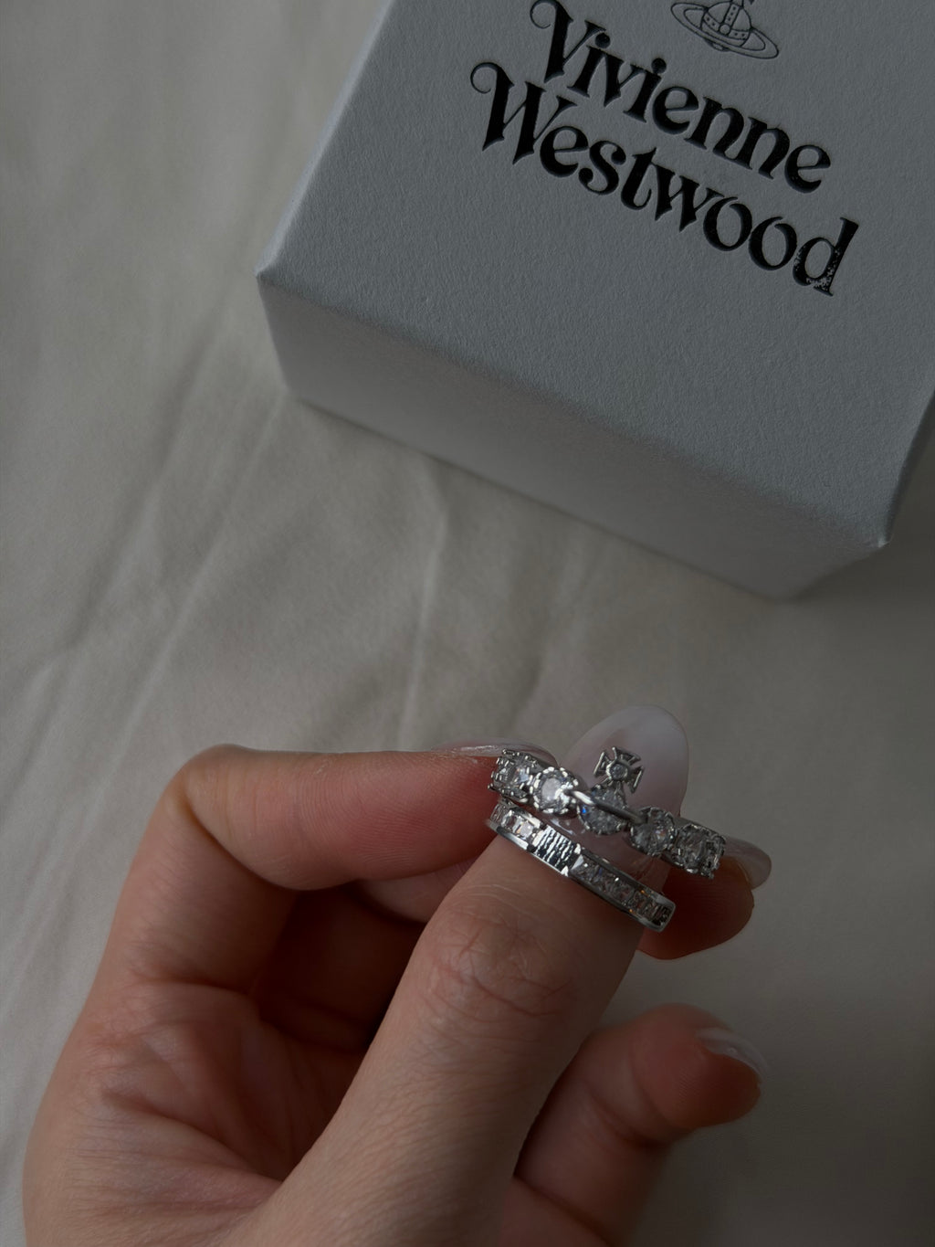 VW Crystal Orb Double Ring - Silver