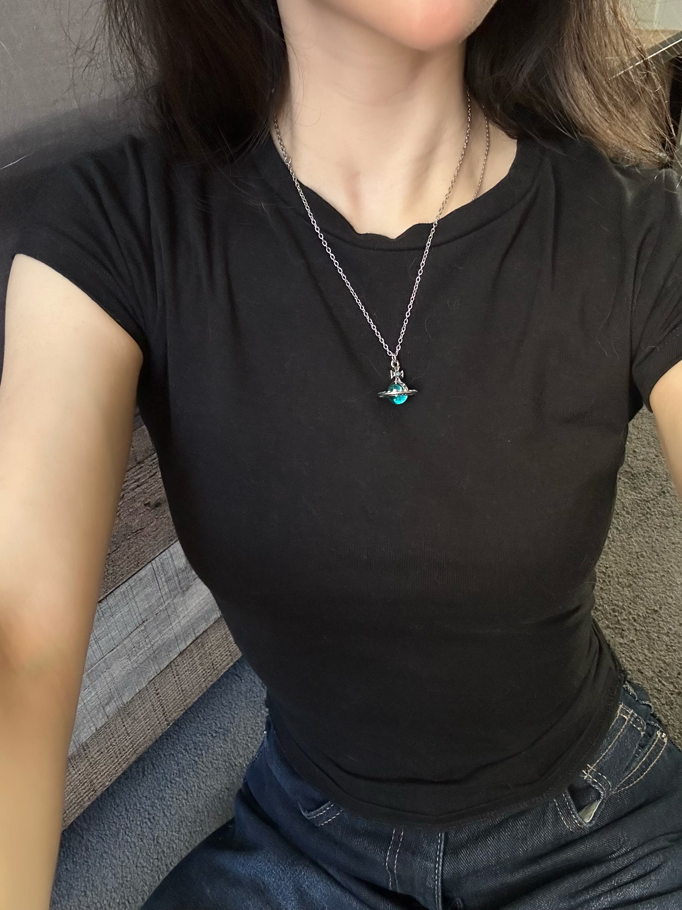 Vivienne Westwood-Inspired Mini Orb Necklace: Silver Blue-Green Pendant