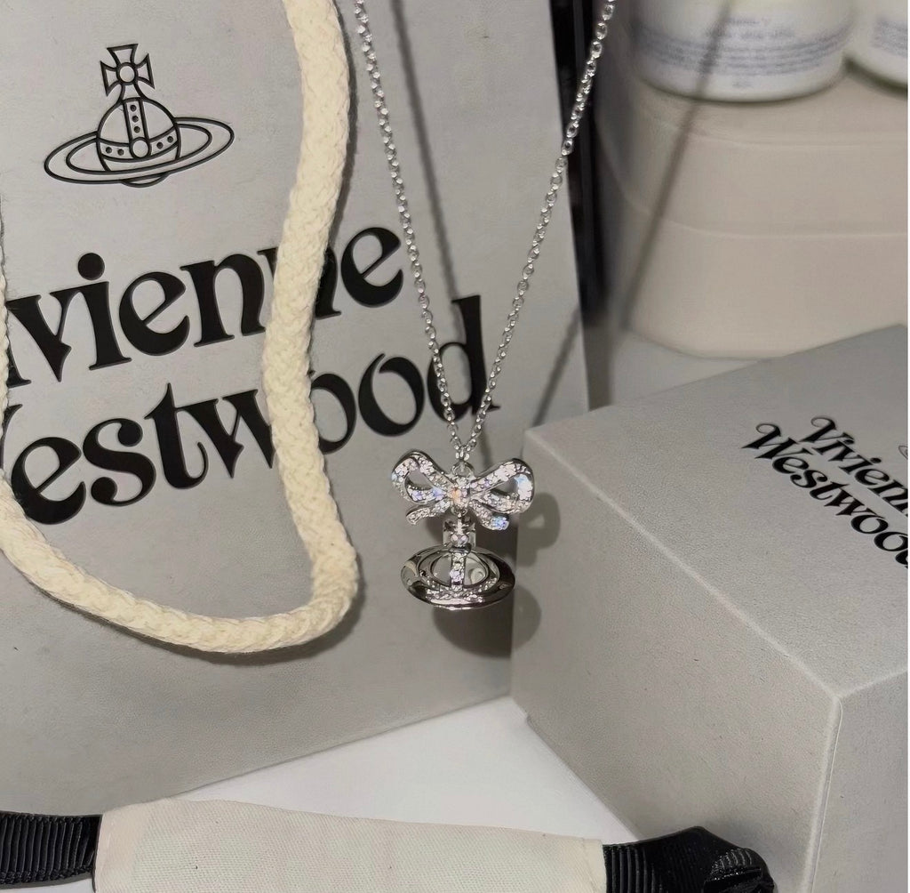 VW Ribbon Orb Pendant Necklace - Silver