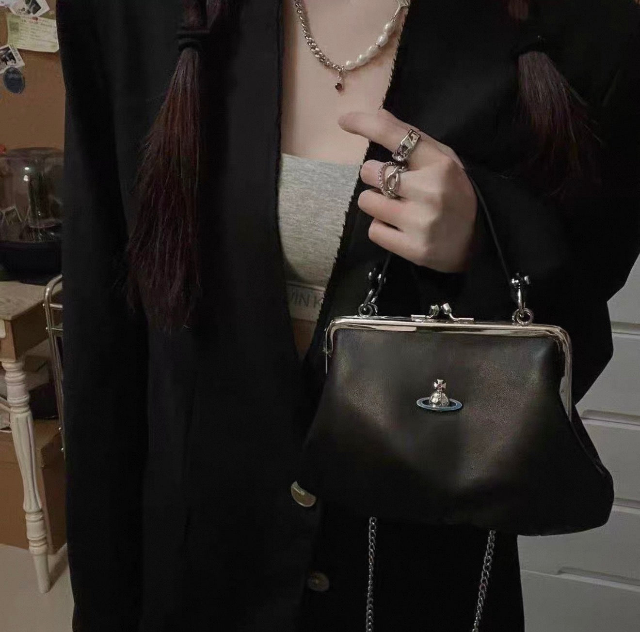 VW Granny Frame Purse - Black (Colourful Orb)