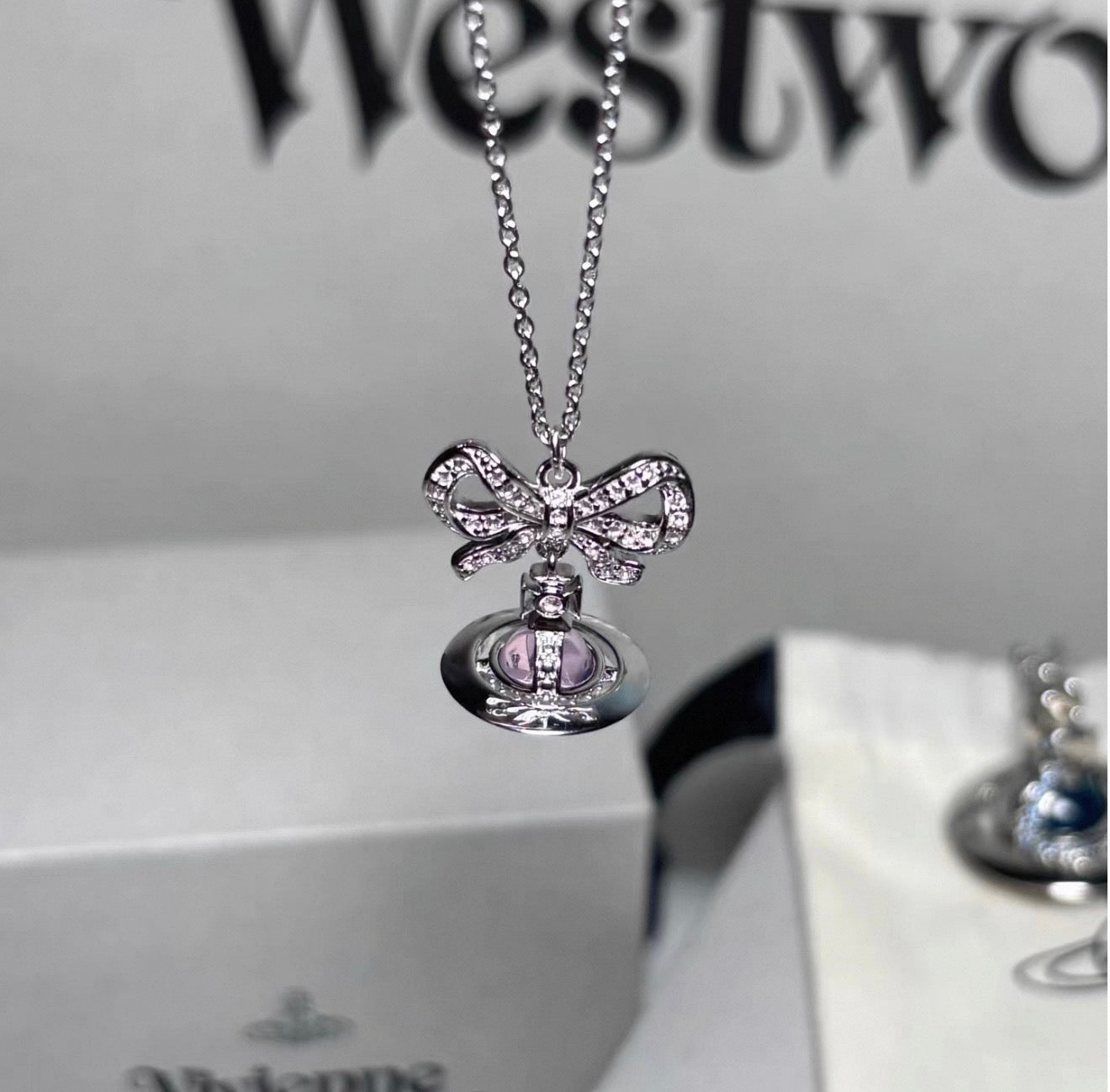VW Ribbon Orb Pendant Necklace - Lavender