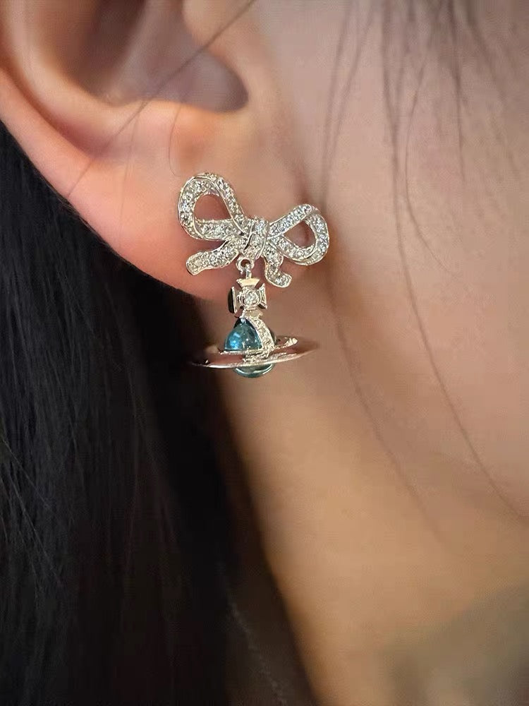 VW Ribbon Orb Drop Earrings - Blue