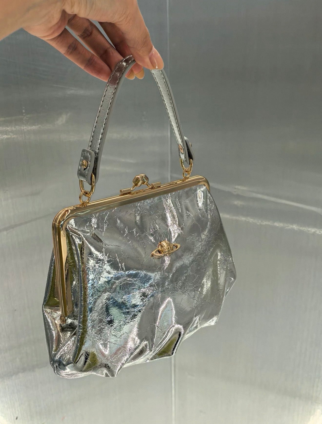 VW Granny Frame Purse - Silver (Gold Handle)