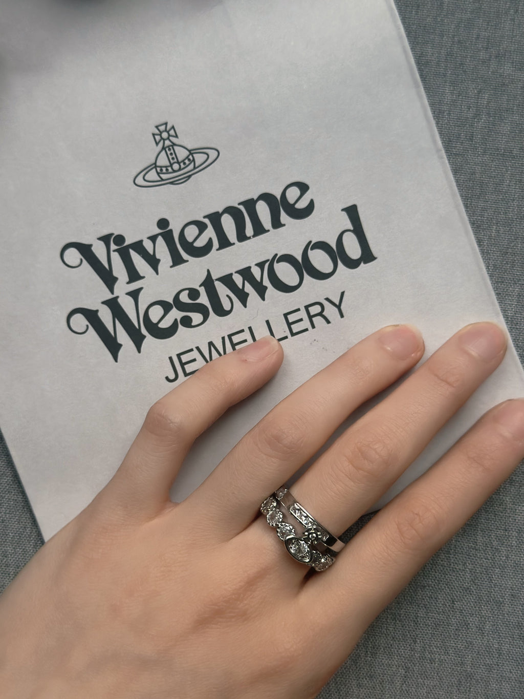 Vivienne Westwood Grace Bas Relief Ring – Silver Crystal Orb Ring | Designer-Inspired Adjustable Band | Elegant Y2K Jewelry Gift for Her