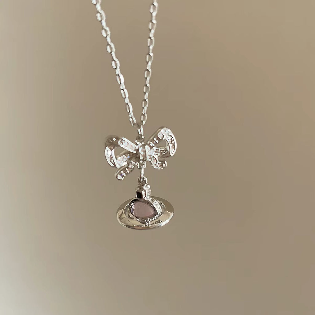 VW Ribbon Orb Pendant Necklace - Pink