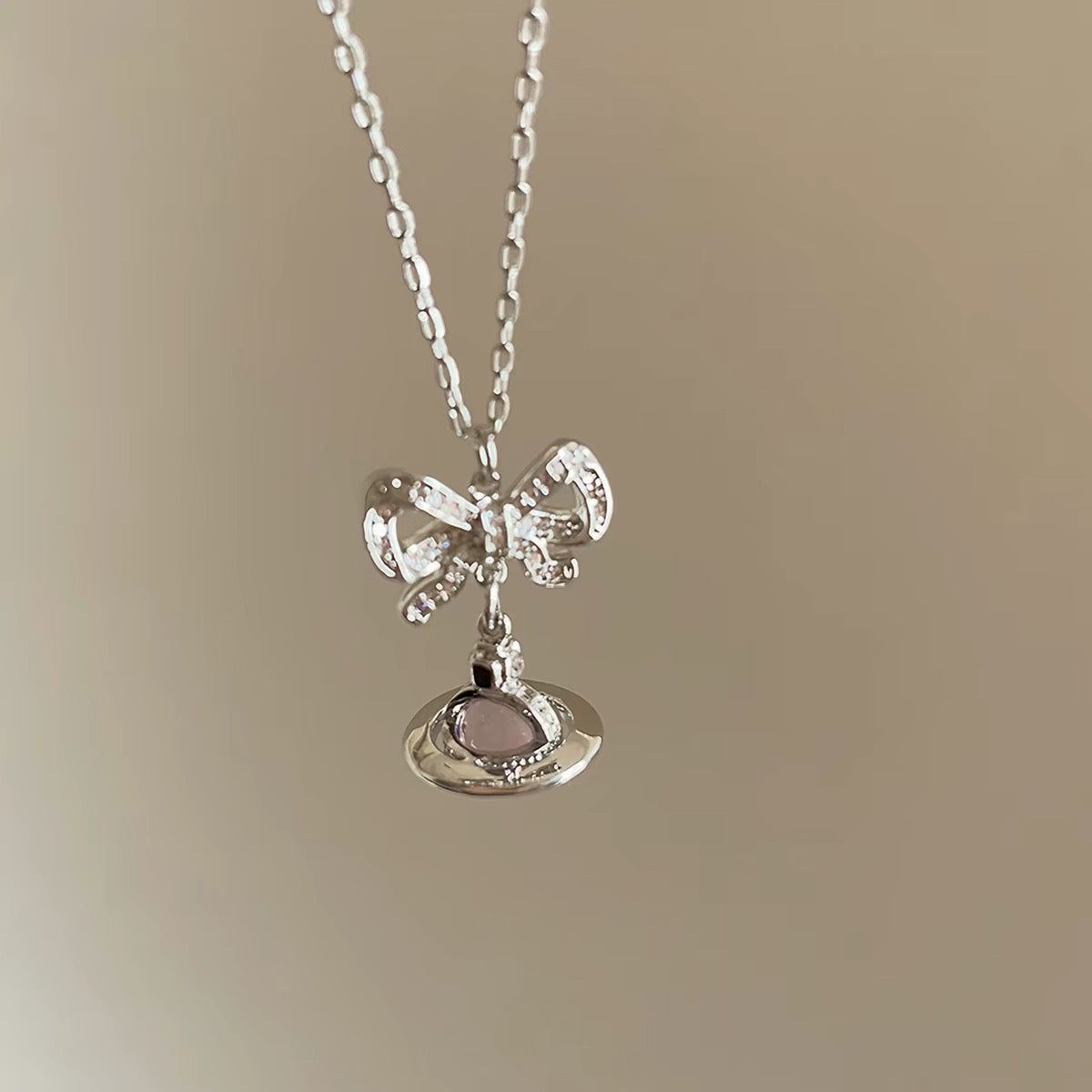 VW Ribbon Orb Pendant Necklace - Pink