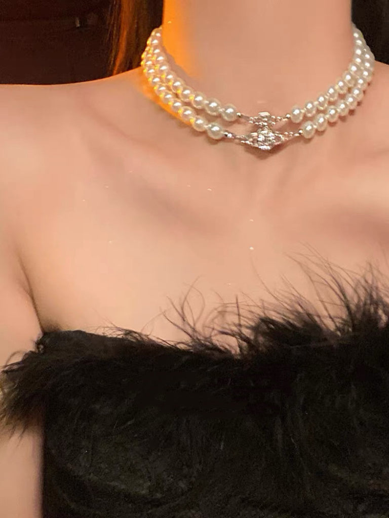 VW Two Row Pearl Bas Relief Choker - Silver