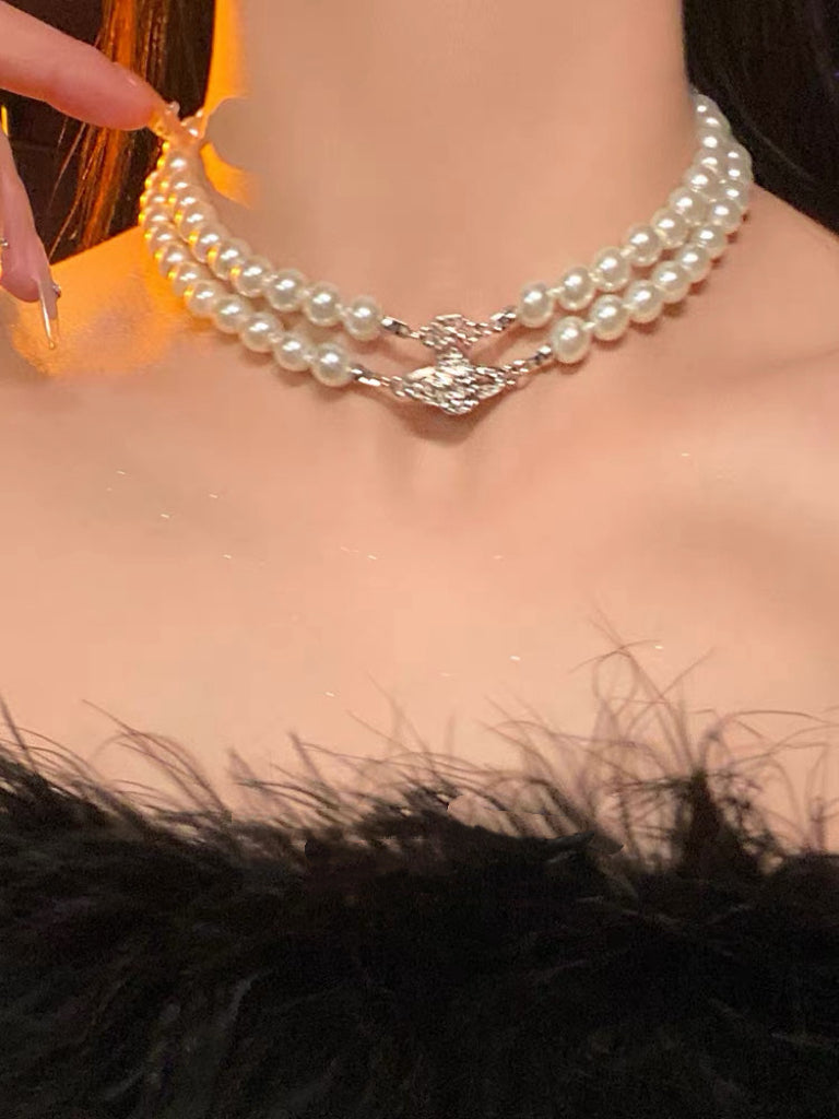 VW Two Row Pearl Bas Relief Choker - Silver