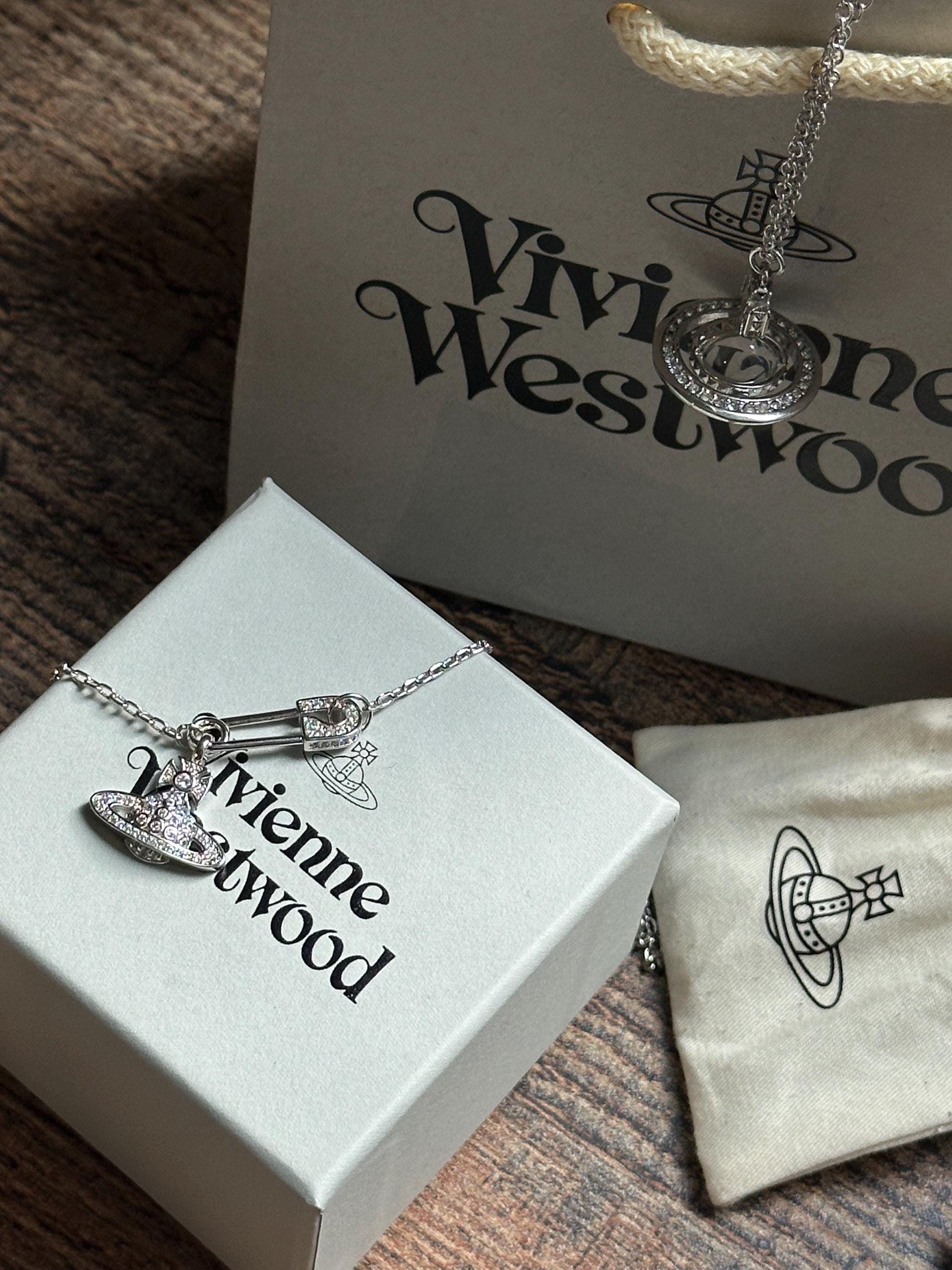 Vivienne Westwood Safety Pin Orb Necklace – Silver-Tone Crystal Pendant with Gift Box & Pouch