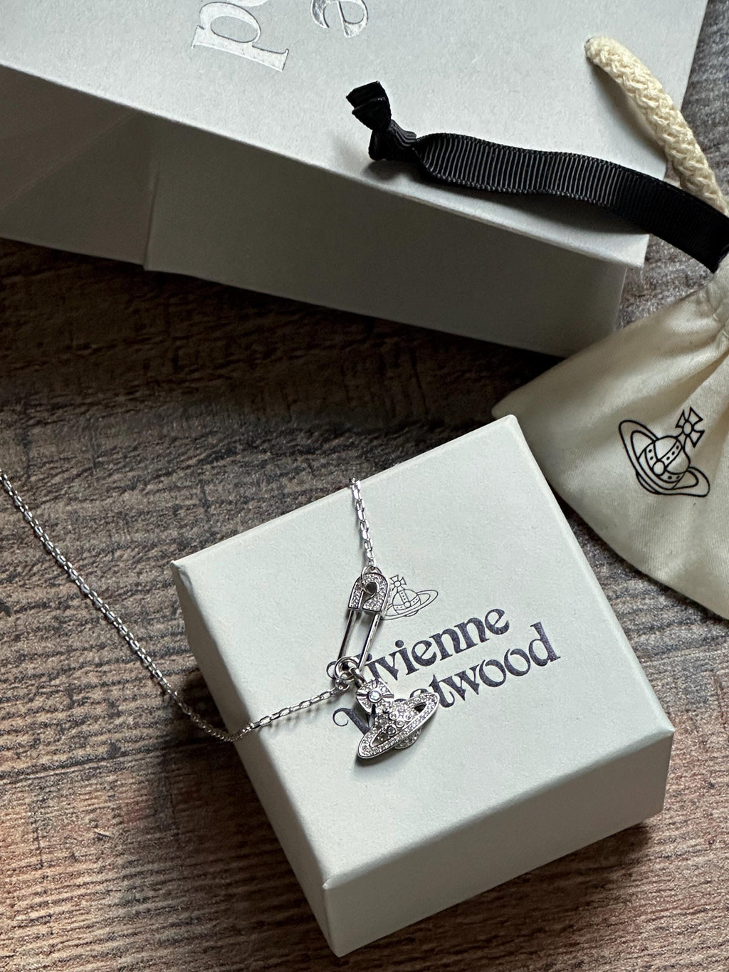 Vivienne Westwood Safety Pin Orb Necklace – Silver-Tone Crystal Pendant with Gift Box & Pouch