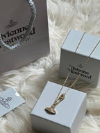 Vivienne Westwood Safety Pin Orb Necklace – Gold-Tone Crystal Pendant with Gift Box & Pouch
