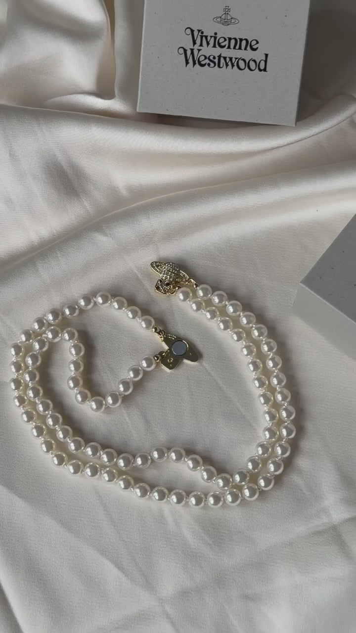 VW Two Row Pearl Bas Relief Choker - Gold